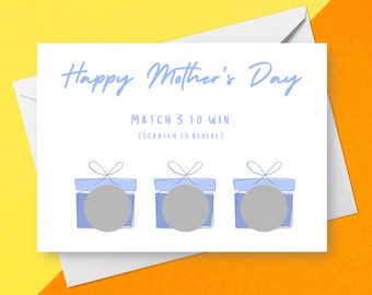 Blue Happy Mother's Day Scratch Card | Custom For Any Occasion | Match 3 To Win Personalised Scratch Off For Mum | Surprise Hidden Gift