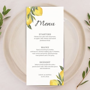 Karty menu weselnego z akwarelą i cytryną | Spersonalizowany projekt włoskiego menu Amalfi | Spersonalizowane menu gości na przyjęcie śródziemnomorskie z cytryną