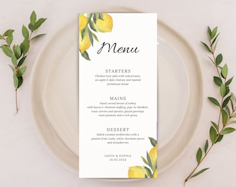 Watercolour Lemon Wedding Menu Cards | Personalised Italian Amalfi Menu Design | Custom Mediterranean Lemon Tree Party Guest Dinner Menu