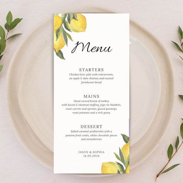 Cartes De Menu De Mariage Aquarelle Citron | Design de menu italien personnalisé d'Amalfi | Menu personnalisé du dîner d'invité méditerranéen au citronnier