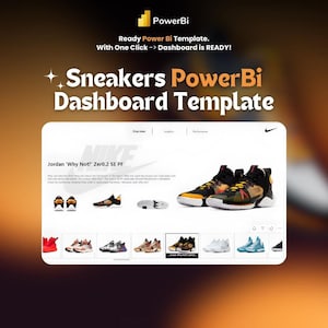 Puede incluir: Una plantilla de tablero de Power BI para zapatillas con una captura de pantalla de un tablero que muestra una variedad de zapatillas, incluida la Jordan 'Why Not?' Zer0.2 SE PF. El tablero incluye secciones de descripción general, información y rendimiento.