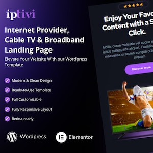 Puede incluir: Una página de aterrizaje de sitio web púrpura y blanca para un proveedor de Internet, televisión por cable y banda ancha. La página presenta un diseño moderno y limpio, una plantilla lista para usar, personalización completa, un diseño completamente receptivo y capacidades listas para retina. La página está construida con Wordpress y Elementor.