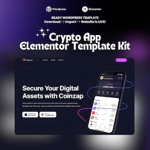 Puede incluir: Una maqueta de sitio web de color morado oscuro para una aplicación de criptomonedas llamada Coinzap. El sitio web presenta un teléfono móvil que muestra la interfaz de la aplicación, con el lema "Proteja sus activos digitales con Coinzap". El sitio web también incluye una llamada a la acción para descargar la aplicación desde la App Store y Google Play.