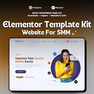 May include: A website mockup for social media management services. The website features a woman using a smartphone, a call to action to "Improve Your Social Media Easily", and social media icons for Facebook, YouTube, TikTok, and Instagram.