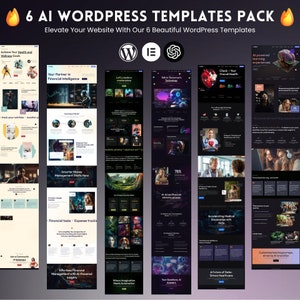 Puede incluir: Una colección de seis plantillas de sitios web de WordPress con diseños impulsados por IA. Las plantillas muestran varios temas, que incluyen atención médica, finanzas y educación. Cada plantilla presenta un fondo oscuro con colores vibrantes y texto en negrita.