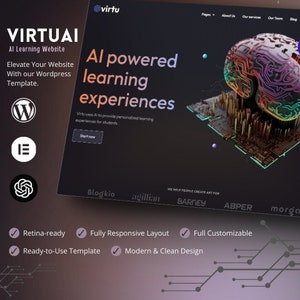 Könnte beinhalten: Ein Screenshot einer Website, der einen dunklen Hintergrund mit einer bunten Gehirngrafik zeigt. Der Text "VIRTUAI Al Learning Website" wird oben auf der Seite in Weiß angezeigt. Der Text "Al powered learning experiences" wird in Weiß unter der Gehirngrafik angezeigt. Der Text "Virtu uses Al to provide personalized learning experiences for students." wird in Weiß unter dem Text "Al powered learning experiences" angezeigt. Der Text "Start now" wird in Weiß auf einem blauen Button unter dem Text "Virtu uses Al to provide personalized learning experiences for students." angezeigt.