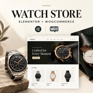 May include: A digital display showing a website titled WATCH STORE ELEMENTOR + WOOCOMMERCE, featuring a hero image of a black-faced watch and a Best Sellers section with three watches, alongside a physical silver-toned chronograph watch.