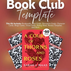 Puede incluir: Un kit de plantilla digital para club de lectura con una portada roja que muestra el título A Court of Thorns and Roses de Sarah J. Maas. El kit incluye 50 páginas premium como guía del anfitrión, guía de discusión, tarjetas y juego de bingo.