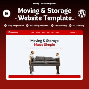 Puede incluir: Plantilla de sitio web para empresas de mudanzas y almacenamiento. La plantilla es totalmente receptiva, no requiere codificación, se carga rápidamente y es amigable con el SEO. El sitio web presenta un esquema de color rojo y blanco con un logotipo que dice "MoveFast". El sitio web también incluye un botón de llamada a la acción que dice "WhatsApp".
