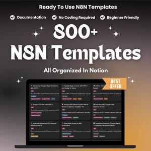 May include: A laptop screen shows a software interface with the text "Ready To Use N8N Templates." The screen displays workflow options, including "Summarize Google Sheets Feedback" and "Analyze NFT Market Trends." The image also includes the text "800+ N8N Templates."