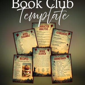 Puede incluir: Una colección de 20 páginas de plantillas premium para clubes de lectura sobre The Kite Runner. Las páginas incluyen títulos como Character Analysis, Word Scramble, Icebreakers, Word Search, Recipes y Soundtrack, con ilustraciones de cometas y atardeceres.