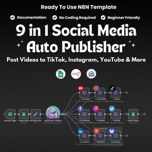 Puede incluir: Gráfico gris oscuro que promociona un publicador automático de redes sociales. La imagen destaca características como documentación y uso para principiantes. Muestra la integración con plataformas como TikTok, Instagram y YouTube.