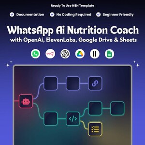 Puede incluir: Gráfico digital que promociona un "WhatsApp AI Nutrition Coach" con OpenAI, ElevenLabs, Google Drive & Sheets. El diseño presenta un diagrama de flujo con iconos y el texto "Ready To Use N8N Template", "Documentation", "No Coding Required" y "Beginner Friendly".
