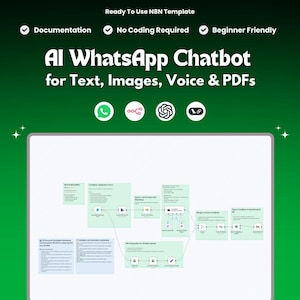 Peut inclure: Visuel vert annonçant un chatbot WhatsApp IA pour texte, images, voix et PDF. Le texte comprend "Ready To Use N8N Template", "Documentation", "No Coding Required" et "Beginner Friendly". L'image présente les logos WhatsApp, Google et d'autres applications.