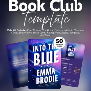 Puede incluir: Un kit de plantilla digital para club de lectura con 50 páginas premium. El diseño incluye una portada de libro central titulada Into the Blue de Emma Brodie, rodeada de tarjetas de reseña, guías de discusión y hojas de calificación.