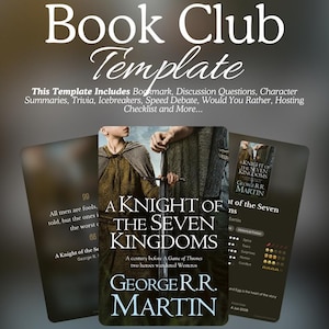Puede incluir: Una plantilla digital para club de lectura con 20 páginas premium que incluye marcapáginas, preguntas de debate, resúmenes de personajes, curiosidades, rompehielos, debates rápidos, preguntas de dilemas y una lista de control para A Knight of the Seven Kingdoms.