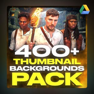 May include: A digital download pack of over 400 thumbnail backgrounds for videos. The backgrounds feature a variety of scenes, including a jungle setting with three people holding torches.