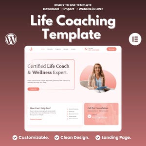 Può includere: Modello di sito web per un life coach o un esperto di benessere. Il modello presenta una combinazione di colori rosa e bianco con una foto di una donna sorridente che tiene un blocco note. Il testo sul sito web dice "Life Coach certificato ed esperto di benessere." e "Come posso aiutarti?"