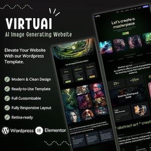 May include: A website screenshot showing a dark green background with a black and white image of a cat. The website is for an AI image generator and offers a free, $30/month, and custom plan. The website also features a section on abstract art and creation.