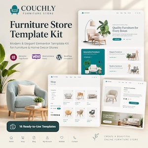 Puede incluir: Una visualización digital de un kit de plantillas Couchly Furniture Store con diseños de sitios web para una tienda de muebles. Las pantallas muestran páginas de productos, listas de categorías e imágenes de muebles.