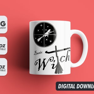 May include: White ceramic mug with a black and white design. The design features a witch flying on a broomstick in a circle with stars, and the text "Basic Witch" with a broom underneath.