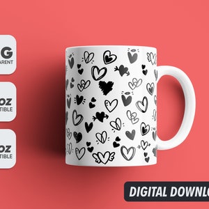 Tasse Black Heart Doodle pour la Saint-Valentin, Png, Conceptions de sublimation de tasse, Sublimation 11oz & 15oz, Tasse à café Png, Modèle de tasse, Png 300 dpi