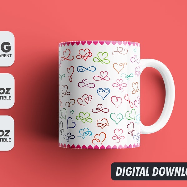 Valentine's Day Heart Doodle Mug Png, Mug Sublimation Designs, 11oz & 15oz Sublimation, Coffee Mug Png, Mug Template, Png 300 dpi