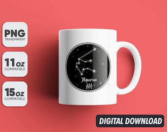 Zodiac Sign Aquarius Png, Astrology Mug Sublimation Designs, 11oz & 15oz Sublimation, Coffee Mug Png, Mug Template, Png 300 dpi
