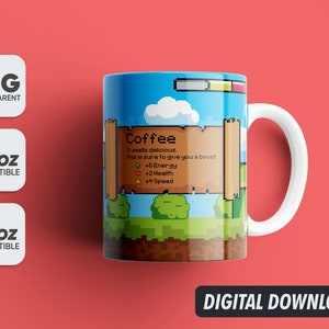 Può includere: Una tazza in ceramica bianca con un design pixelato blu e verde. La tazza presenta un rotolo marrone con il testo "Coffee" e una descrizione dei suoi effetti: "Ha un odore delizioso. Questo è sicuro di darti una spinta. +5 Energia +2 Salute +4 Velocità".