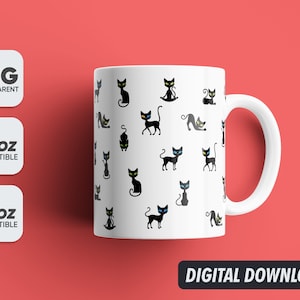 Black White Cats Mug Png, Mug Sublimation Designs, 11oz & 15oz Sublimation, Coffee Mug Png, Mug Template, Png 300 dpi