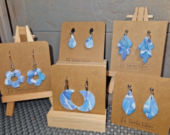 Polymer Clay | Earrings Pattern Blue Gemstone Flower Drop Leaf Moon