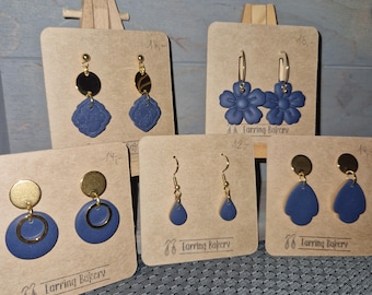 Polymer Clay | Earrings Gift Blue Dark Blue Gold Flower Drop