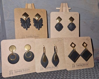 Polymer Clay | Earrings, Gift, Black Gold Drop Fan