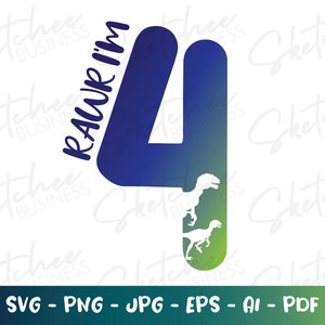 Rawr I'm four svg png pdf, fourth birthday svg, kids birthday SVG, cricut cut files, silhouette, four year old birthday svg, little kid SVG