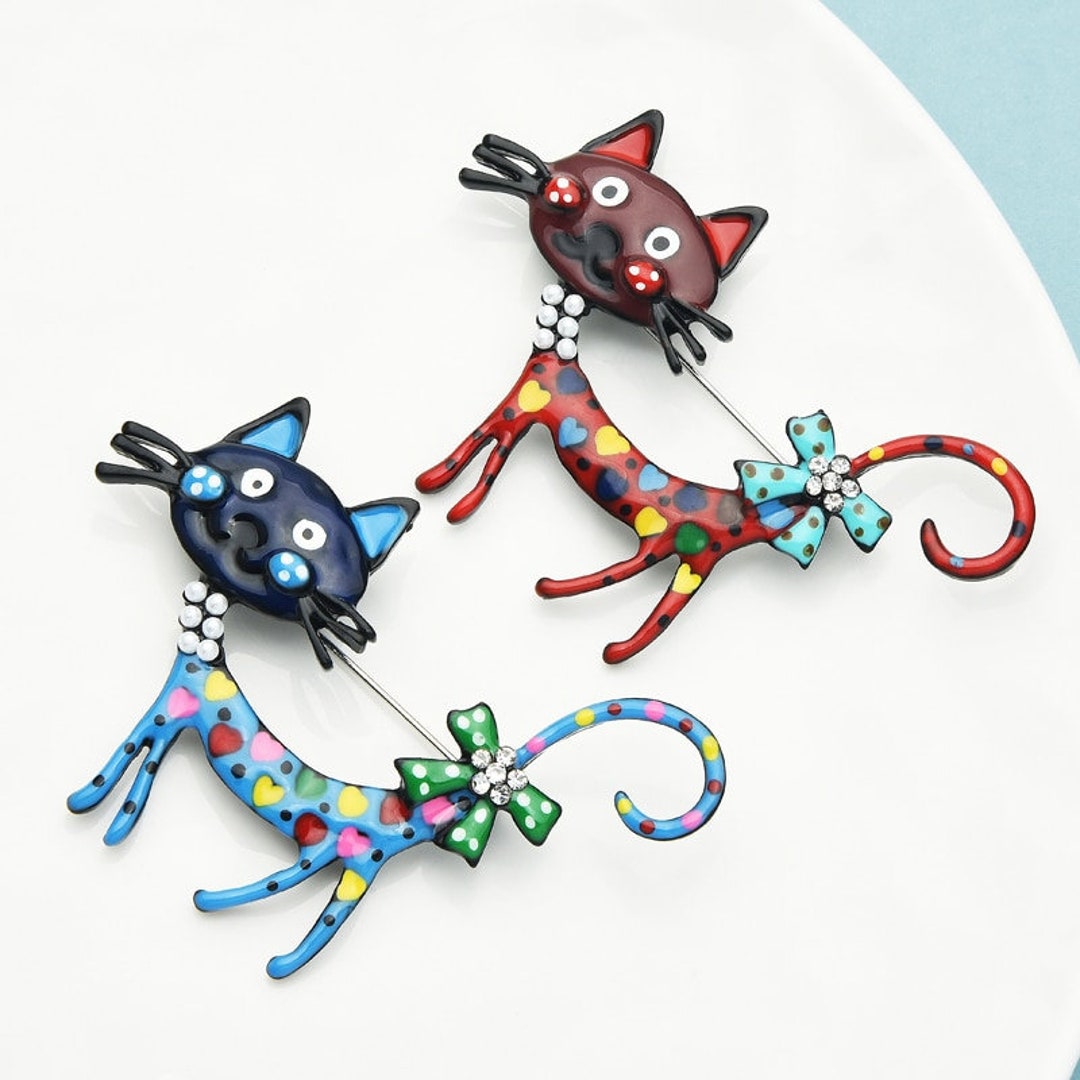 Lot De 4 Broches Chat En émail Cloisonné Couleur Or - Bijou Rétro - Occasion Parfait état
