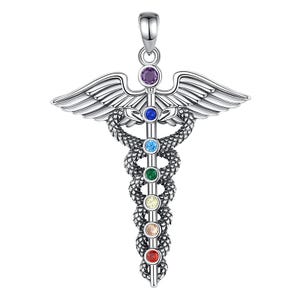 Sterling Silver Caduceus Pendant: Snake Wing 7 Chakras Medical Jewelry