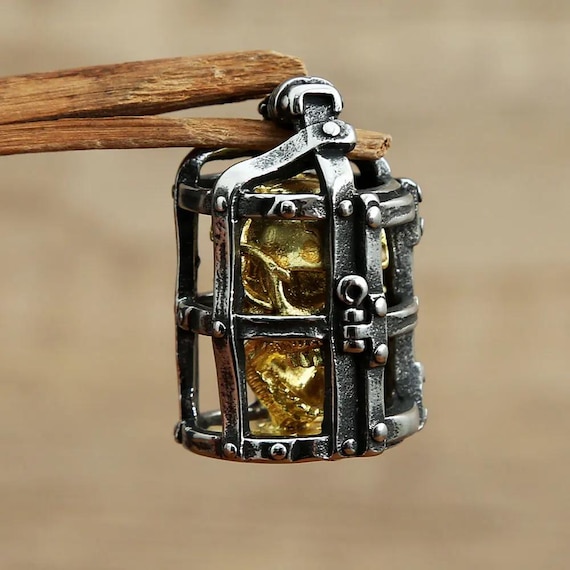 Stainless Steel Cage Skull Pendant: Punk Biker Necklace, Halloween Jewelry