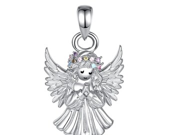 May include: A silver angel pendant with detailed wings, a flowing gown, and a halo. The angel's crown is adorned with colorful gemstones. The pendant is designed with a loop for easy attachment to a necklace or bracelet.