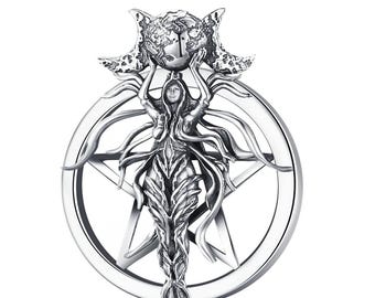 Lilith-pentagramhänge i sterlingsilver: Wicca-amulett med trippel mångudinna