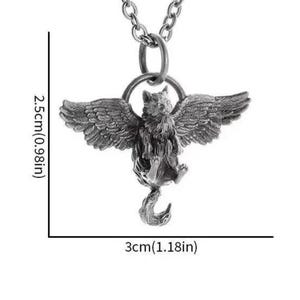 May include: A silver-colored pendant necklace featuring a winged cat design. The pendant measures approximately 1.18 inches wide and 0.98 inches tall. The cat has detailed wings and a curled tail, suspended from a chain.