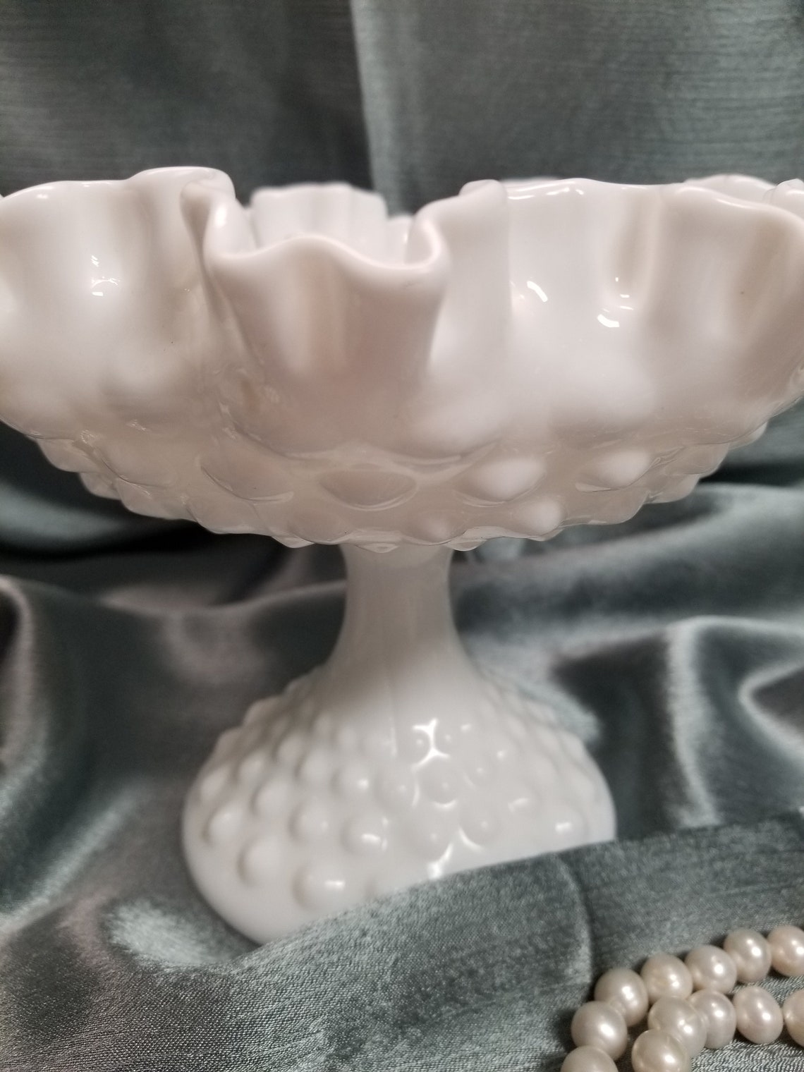 Vintage Fenton Hobnail Pedestal Bowl Ruffled Milk Glass Etsy