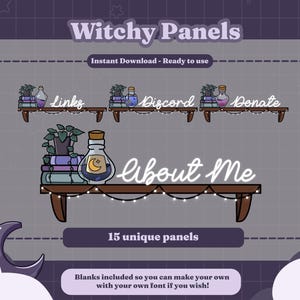 Puede incluir: Un conjunto de 15 paneles digitales con un tema de bruja con libros, frascos de pociones y luces de hadas. Los paneles están etiquetados como "Enlaces", "Discord", "Donar" y "Acerca de mí".