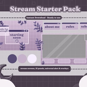 May include: Purple and white stream starter pack with 15 panels, universal alert and overlays. The pack includes a starting soon screen, a thanks for waiting screen, an about me screen, a rules screen, and a schedule screen. The pack also includes a colour palette with three colours.
