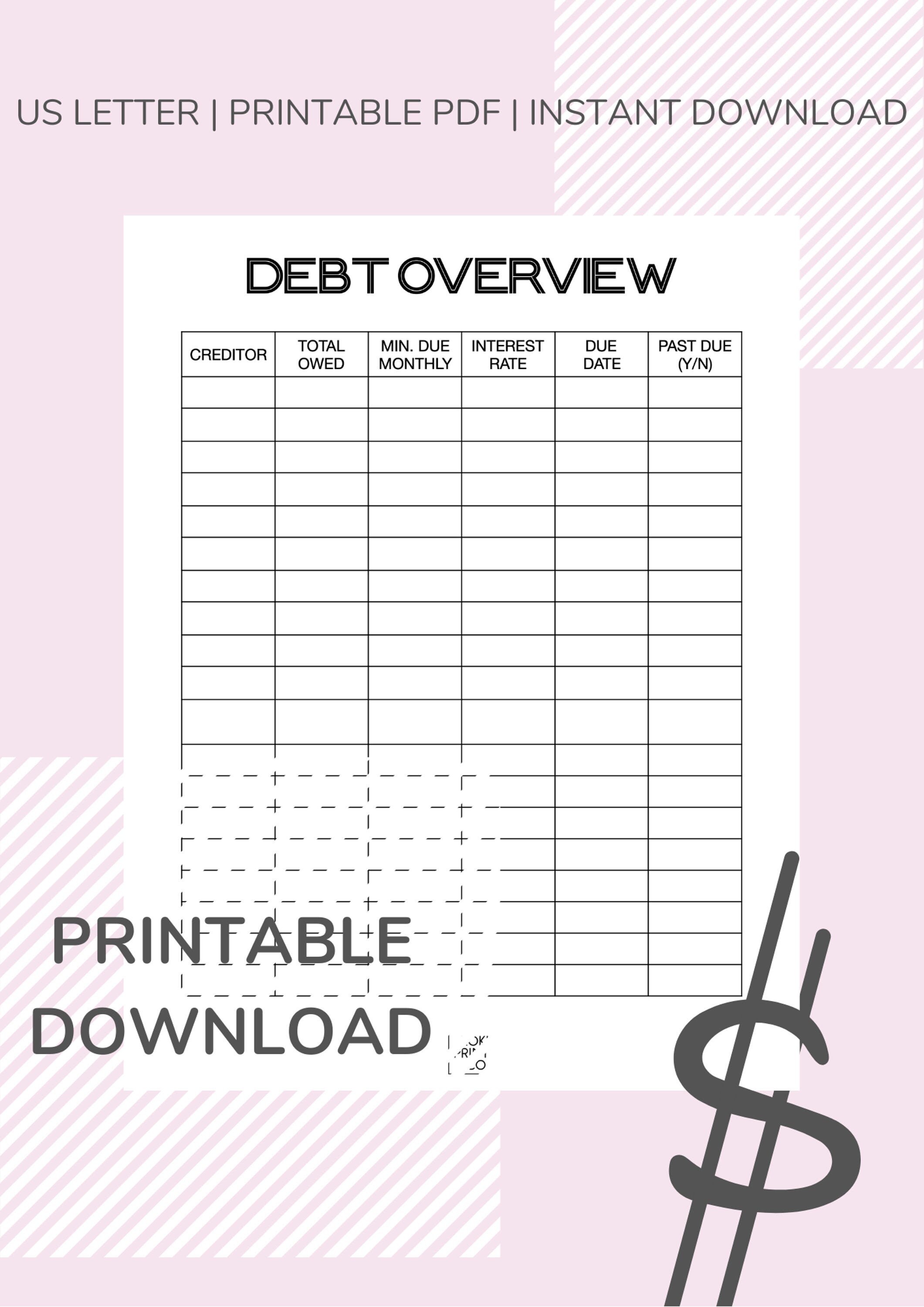 Debt Overview Worksheet Digital Download Printable PDF Etsy