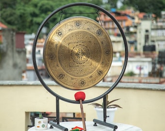 50-100 large Unique Hand carving Large Tibetan Gong Bell Hand Made in Nepal comes with Striker, meditation, Chakra healing, and balancing.