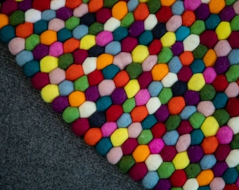 Multi-Colored Felt Ball Rug: 100% New Zealand Wool Pom Carpet