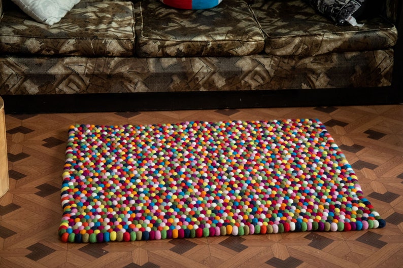 Ball Rug Colorful Felt Ball Rug: Handmade Wool Carpet From Nepal - Etsy