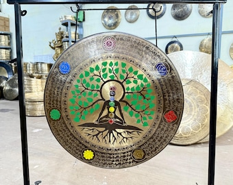 Seven Chakra Large Handmade Nepalese Gong with Stand – Small to Large Meditation Gong – Deep, Soothing Sound for Relaxation & Sound Healing
