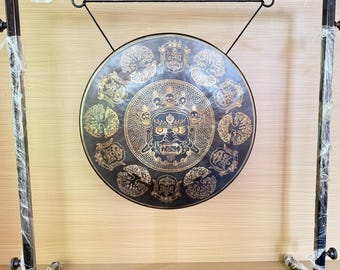 Handcrafted Tibetan Gong Featuring BHAIRAB Engraving – Perfect for Sound Healing, Comes with Stand