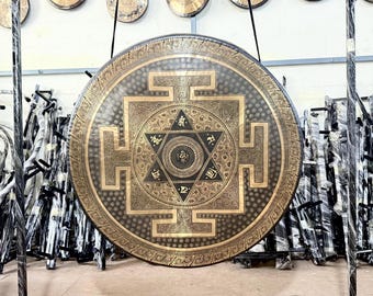 large Handcrafted Seven-Metal Tibetan Gong with Engraved Mantras – Nepal Sound Healing Tool